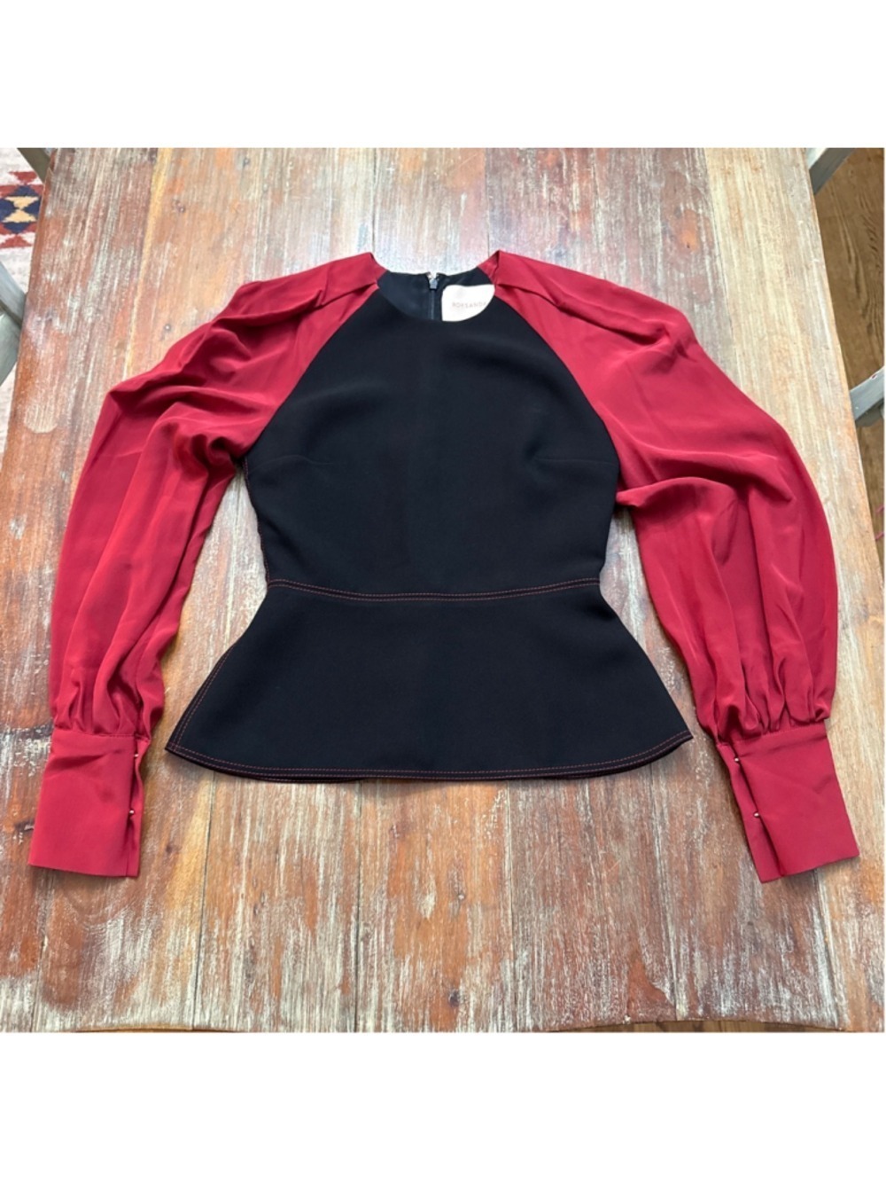 ROKSANDA Black Burgundy Silk Blend Peplum Top Balloon Sleeve US 2